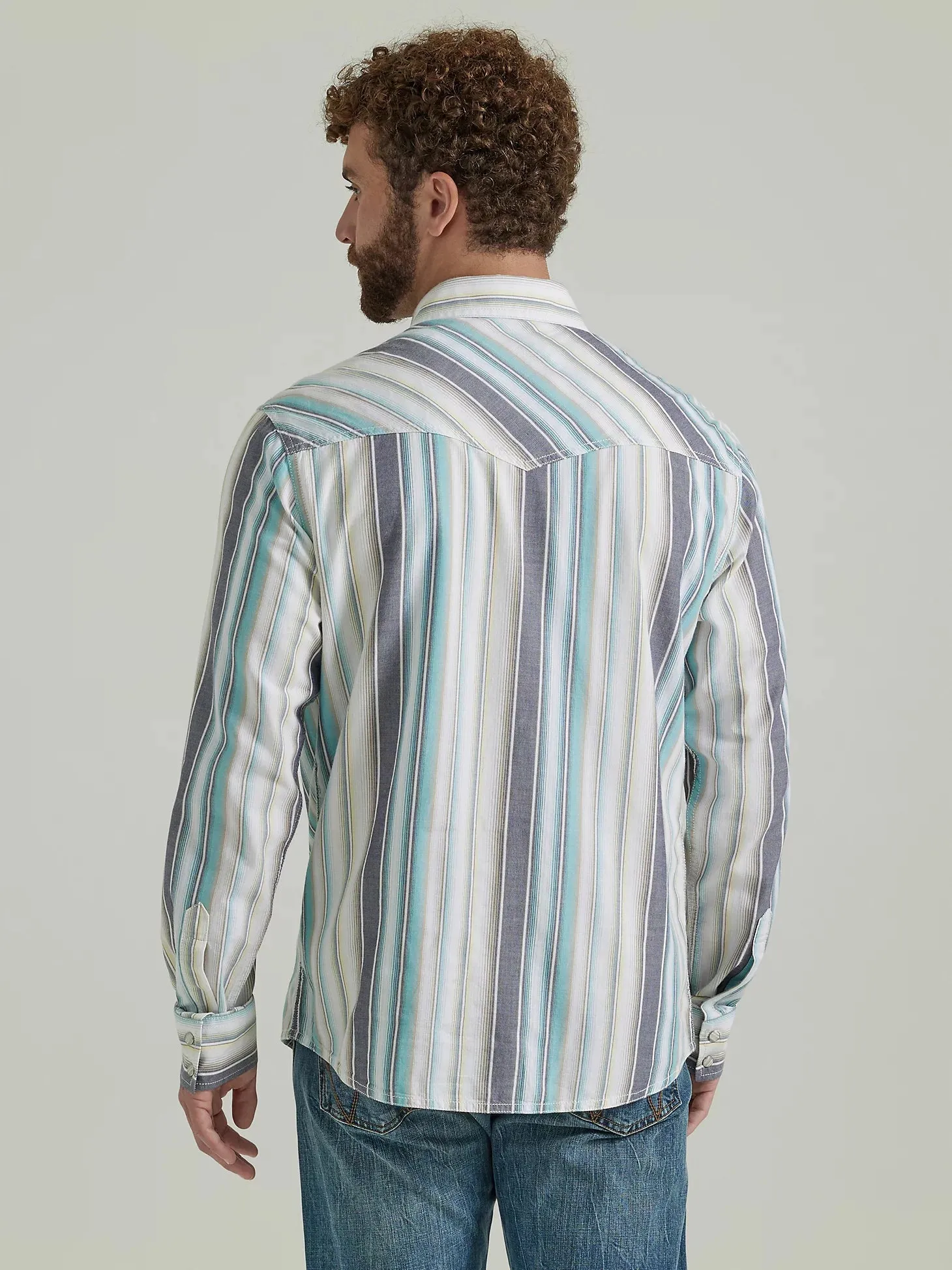 Men's Wrangler RETRO PREMIUM WESTERN SNAP PRINT SHIRT IN SEAFOAM STRIPE - 112346626