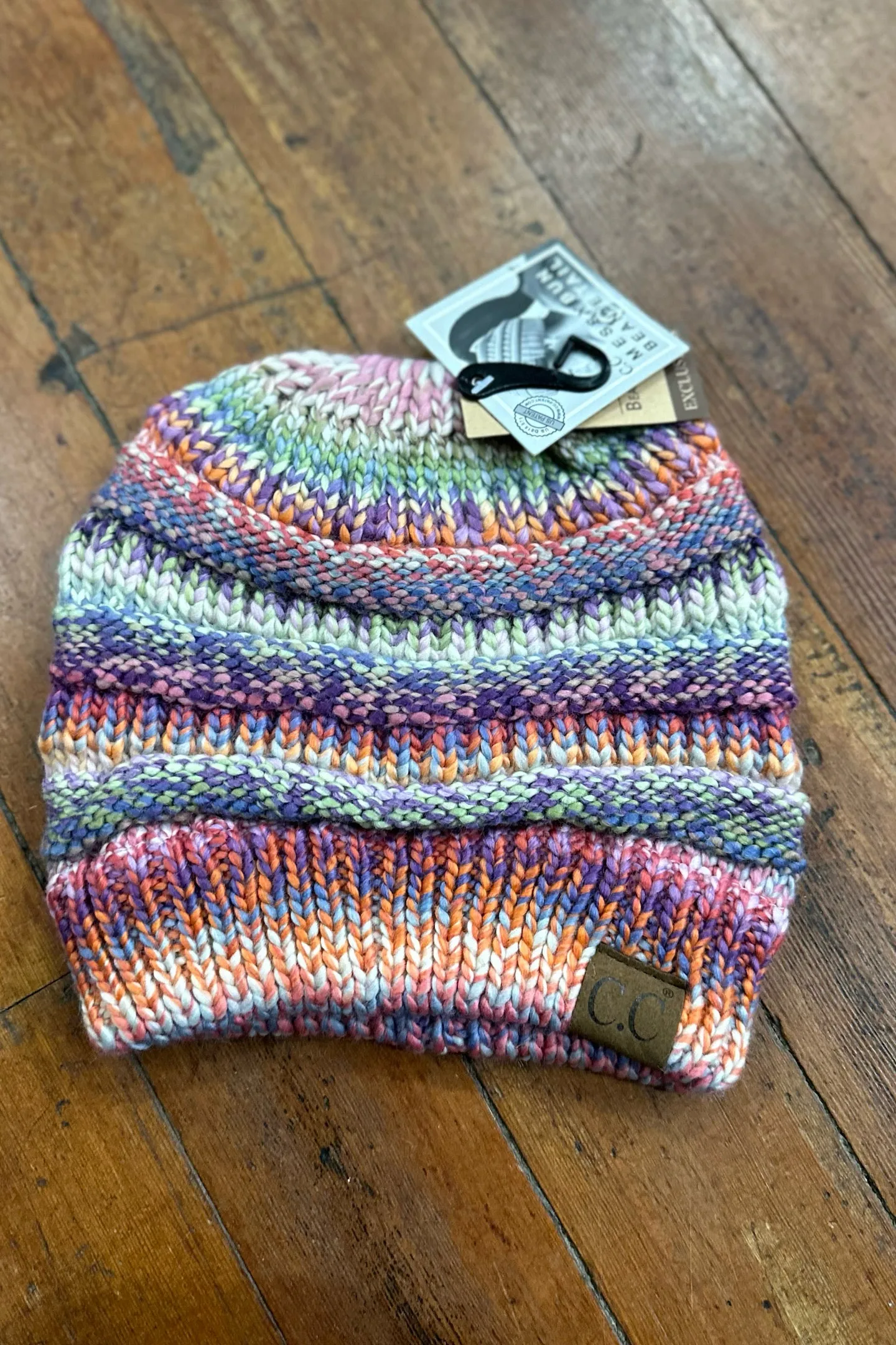 Multi Color Messy Bun Cable Knit C.C Beanie