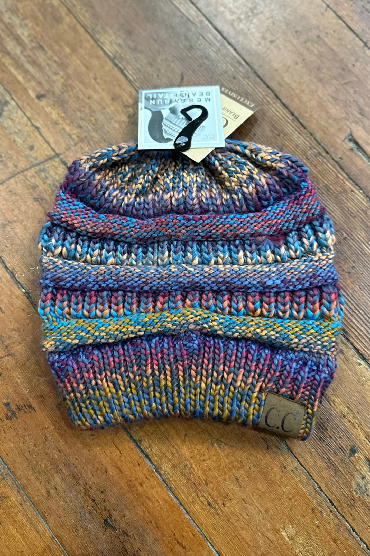 Multi Color Messy Bun Cable Knit C.C Beanie