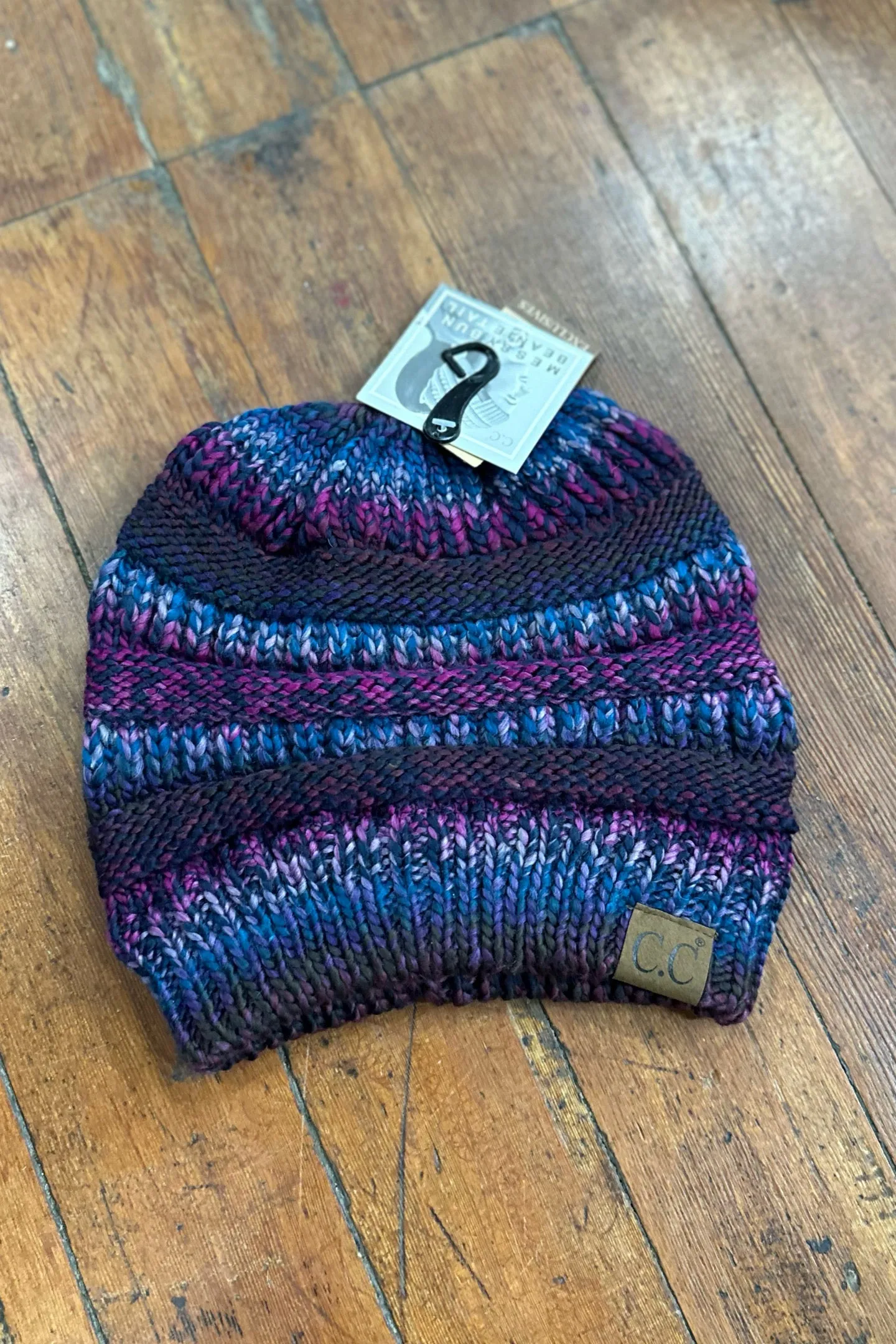 Multi Color Messy Bun Cable Knit C.C Beanie