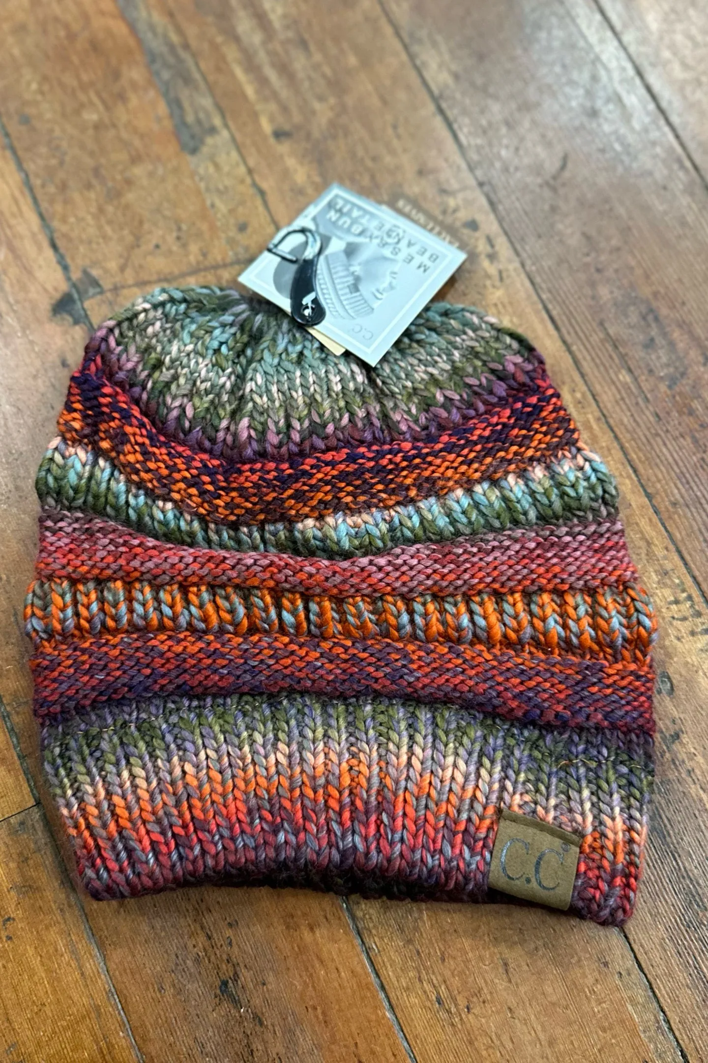 Multi Color Messy Bun Cable Knit C.C Beanie