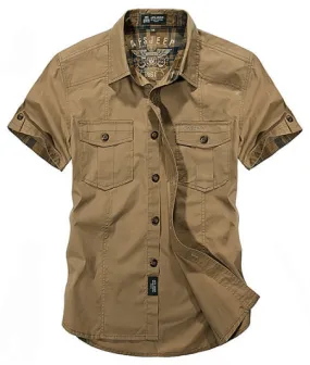 Multi Pockets Cargo Short Sleeve Dress Shirts for Men Outdoor Sport Cotton Breathable