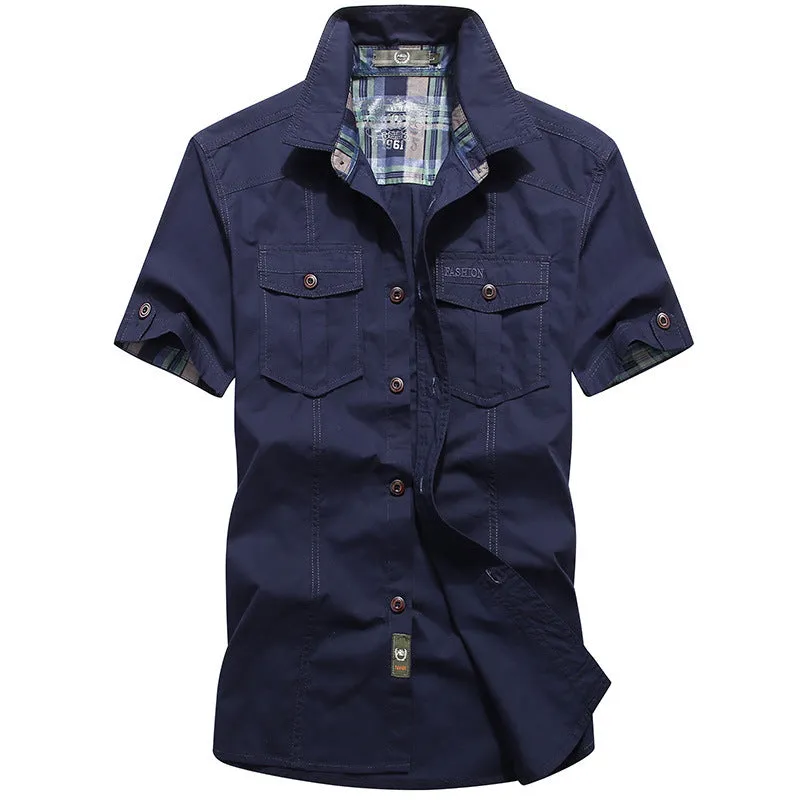 Multi Pockets Cargo Short Sleeve Dress Shirts for Men Outdoor Sport Cotton Breathable