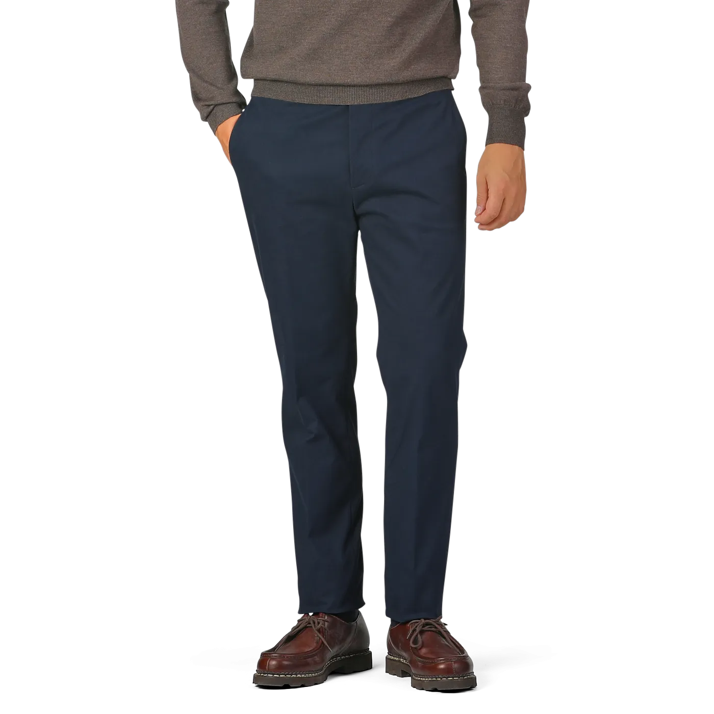 Navy Blue Cotton Twill Flat Front Trousers