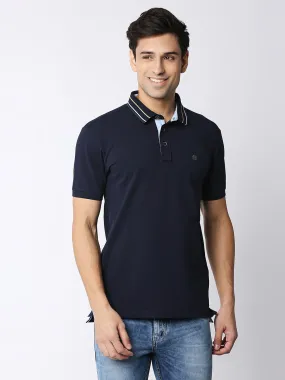 Navy Blue Pique Lycra Polo T-shirt