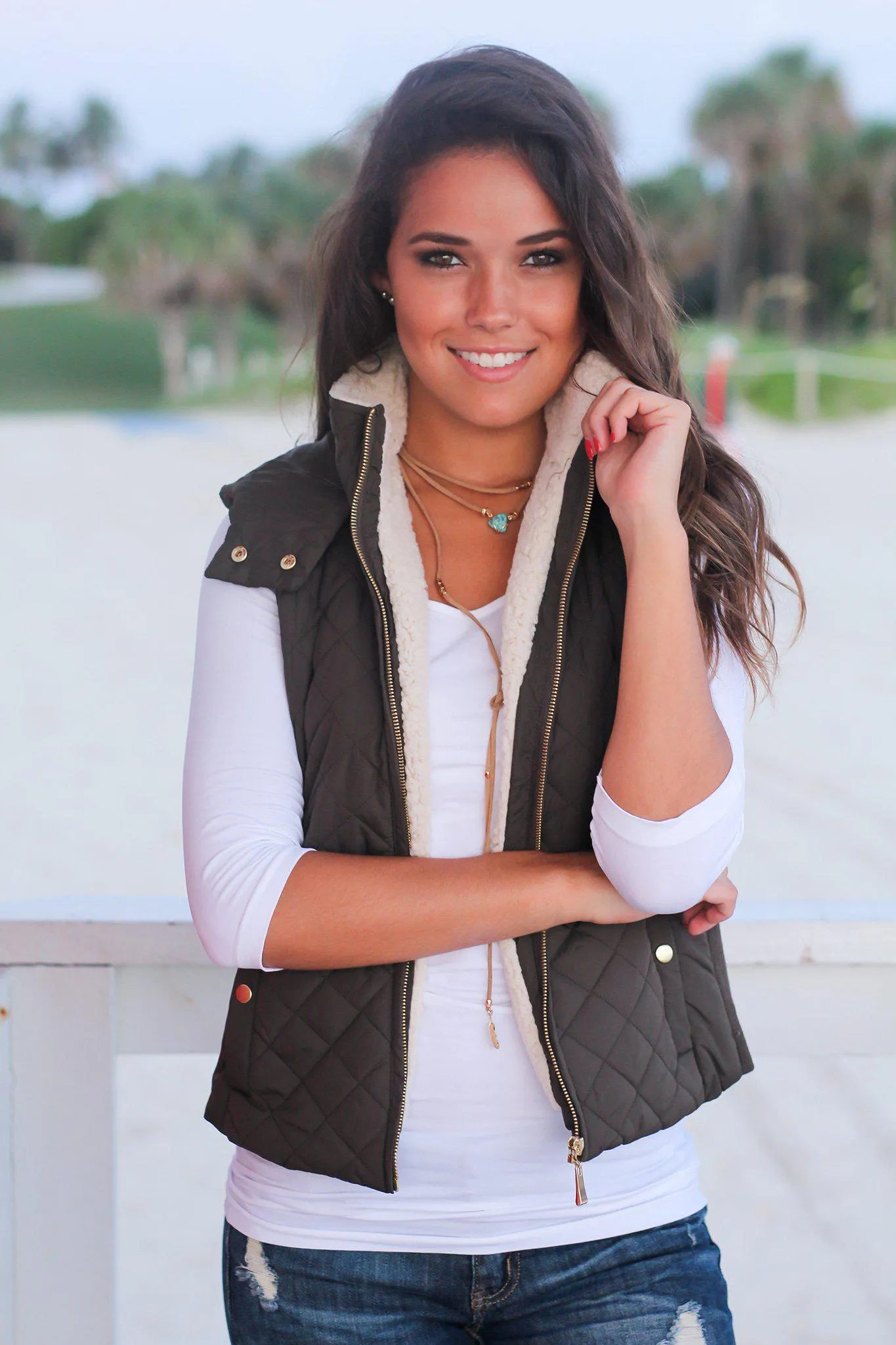 Olive Quilted Vest with Fur Collar