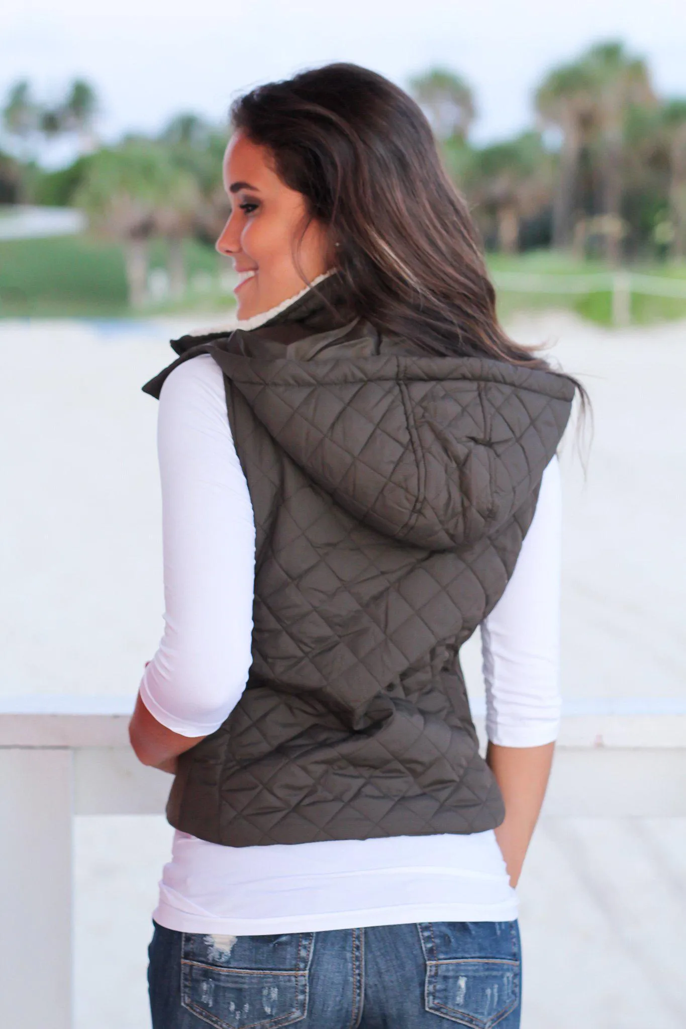 Olive Quilted Vest with Fur Collar