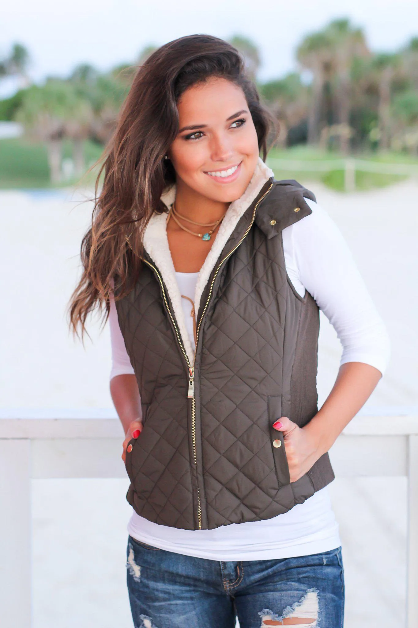 Olive Quilted Vest with Fur Collar