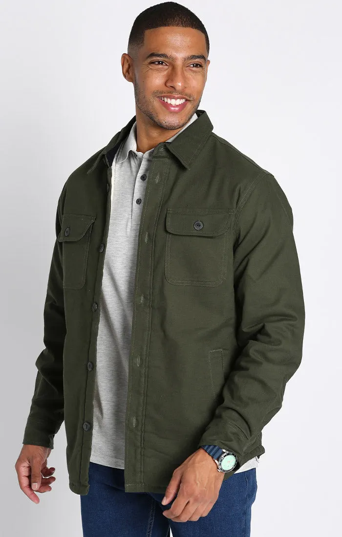 Olive Stretch Canvas Sherpa Shirt Jacket