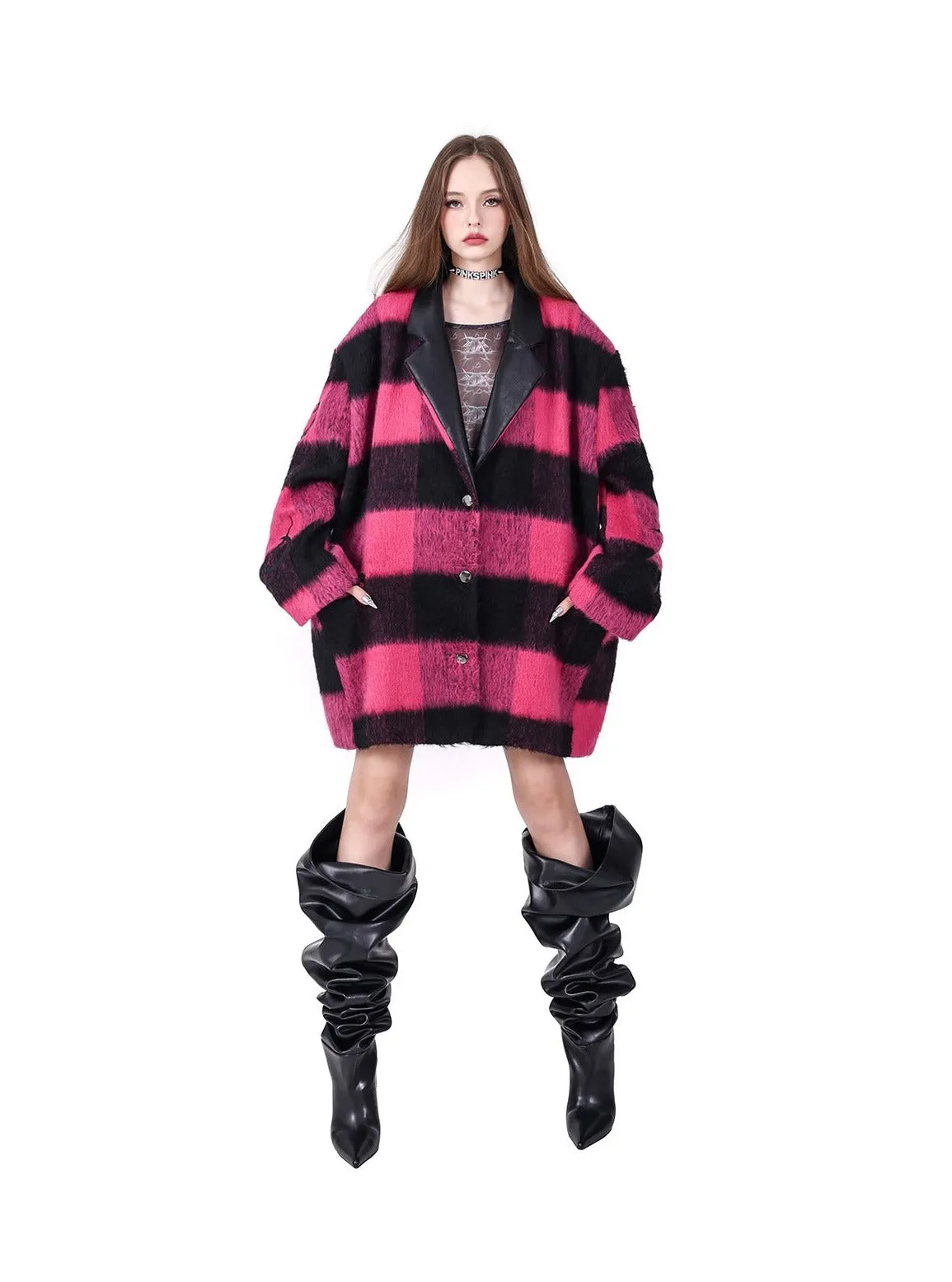 PINKSPINK Buffalo Check Oversized Coat - Hot Pink and Black