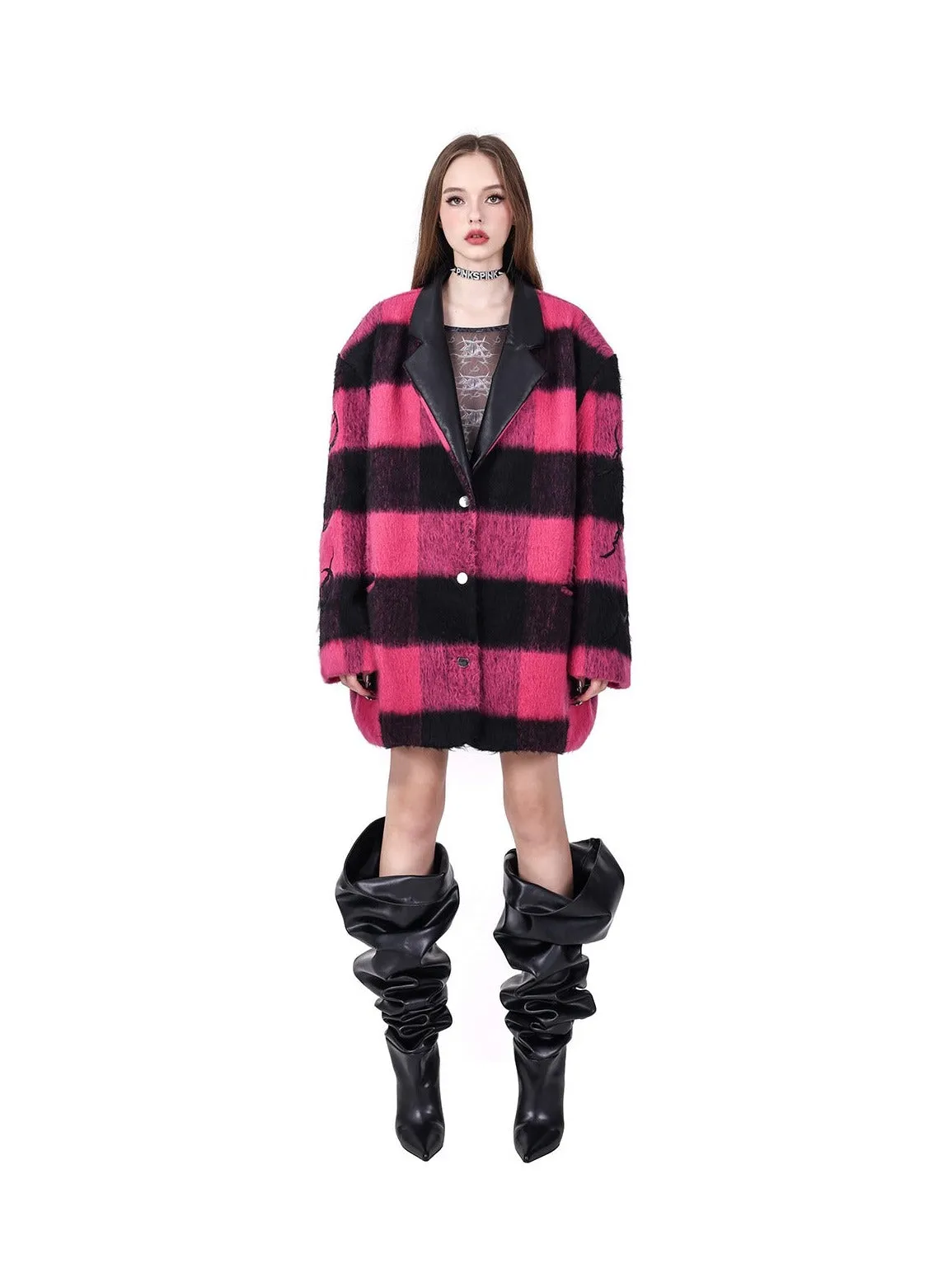 PINKSPINK Buffalo Check Oversized Coat - Hot Pink and Black