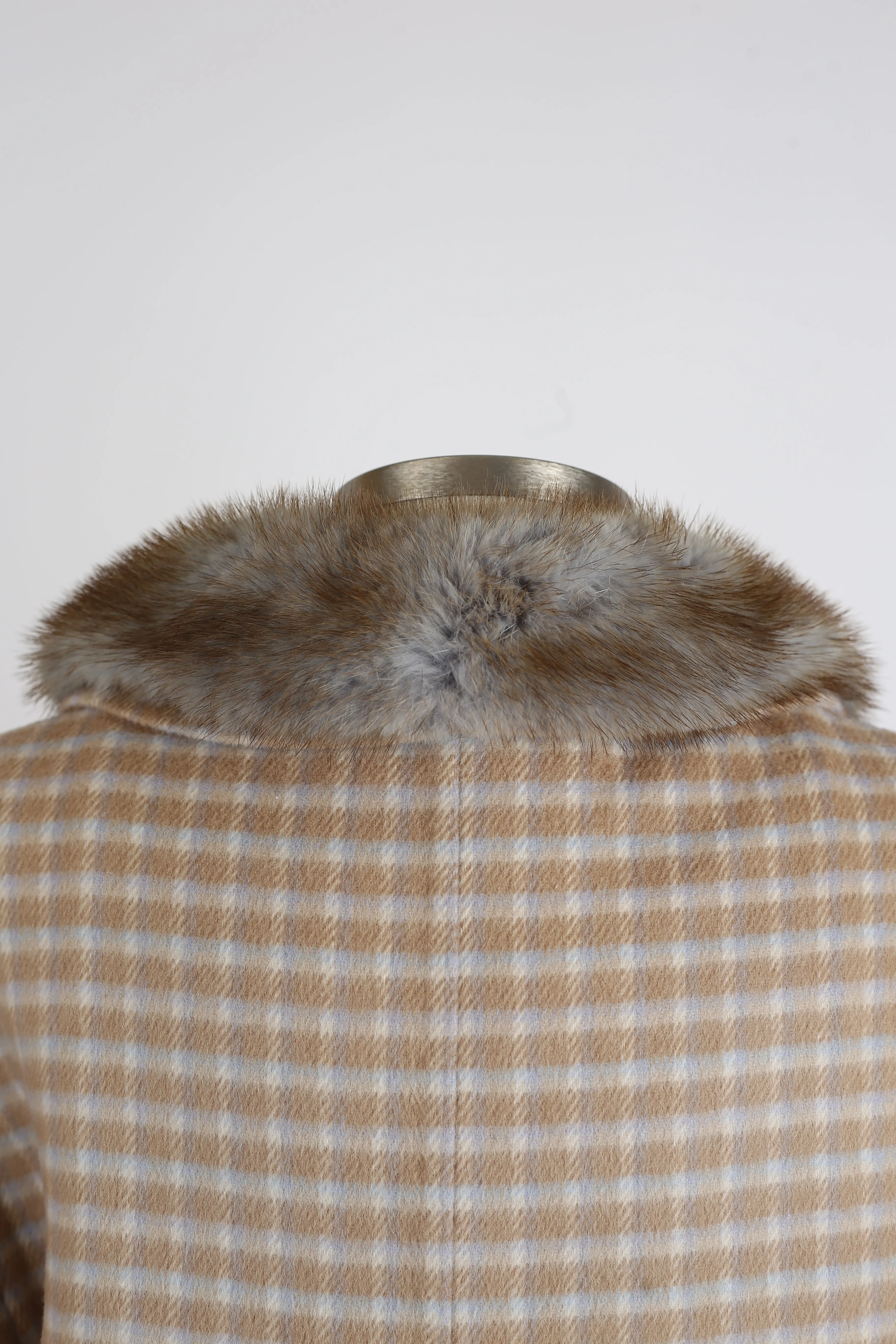 Plaid Wool Dress Coat W/ Mink Fur Collar