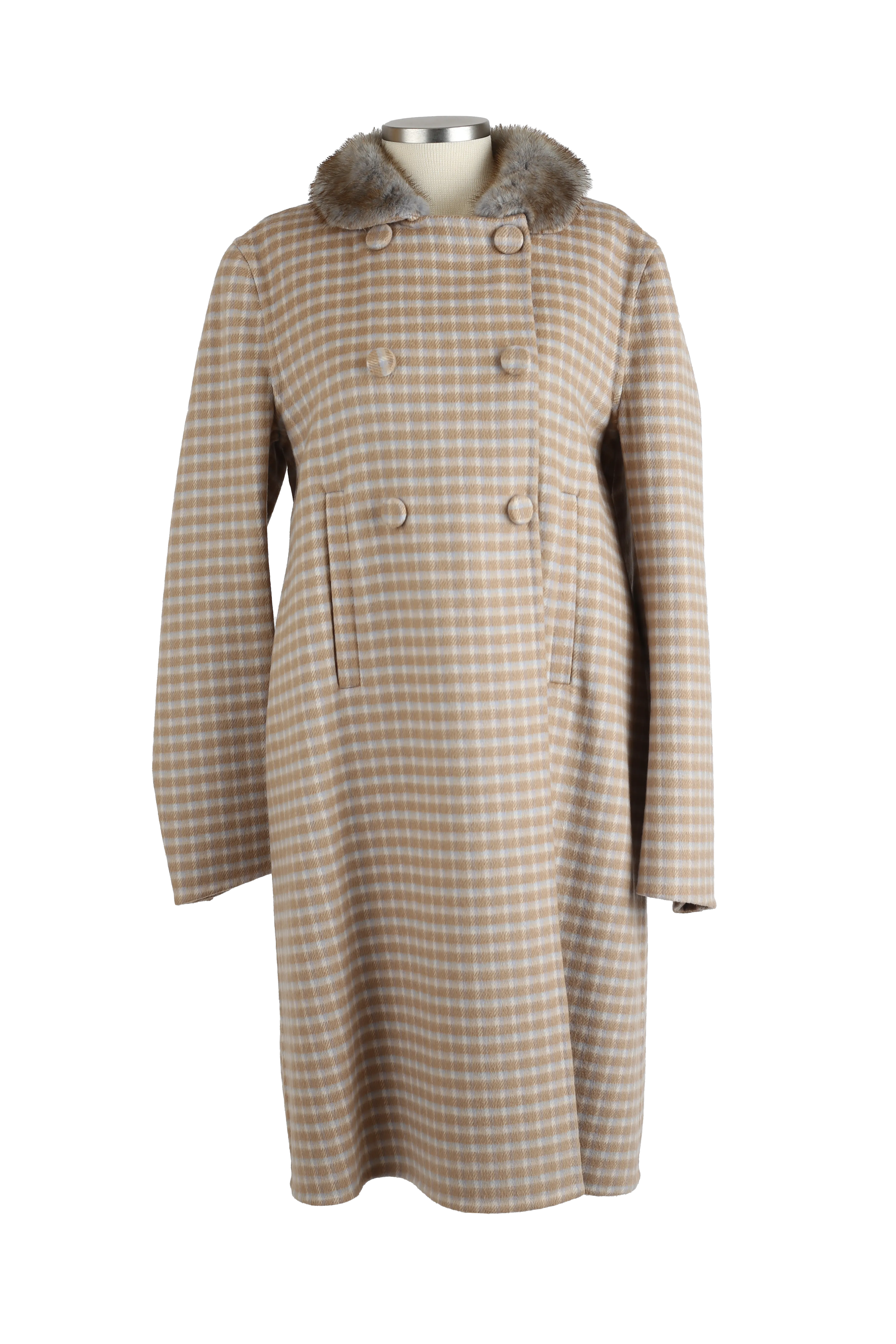 Plaid Wool Dress Coat W/ Mink Fur Collar