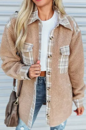 Pocketed Plaid Collared Neck Sherpa Jacket