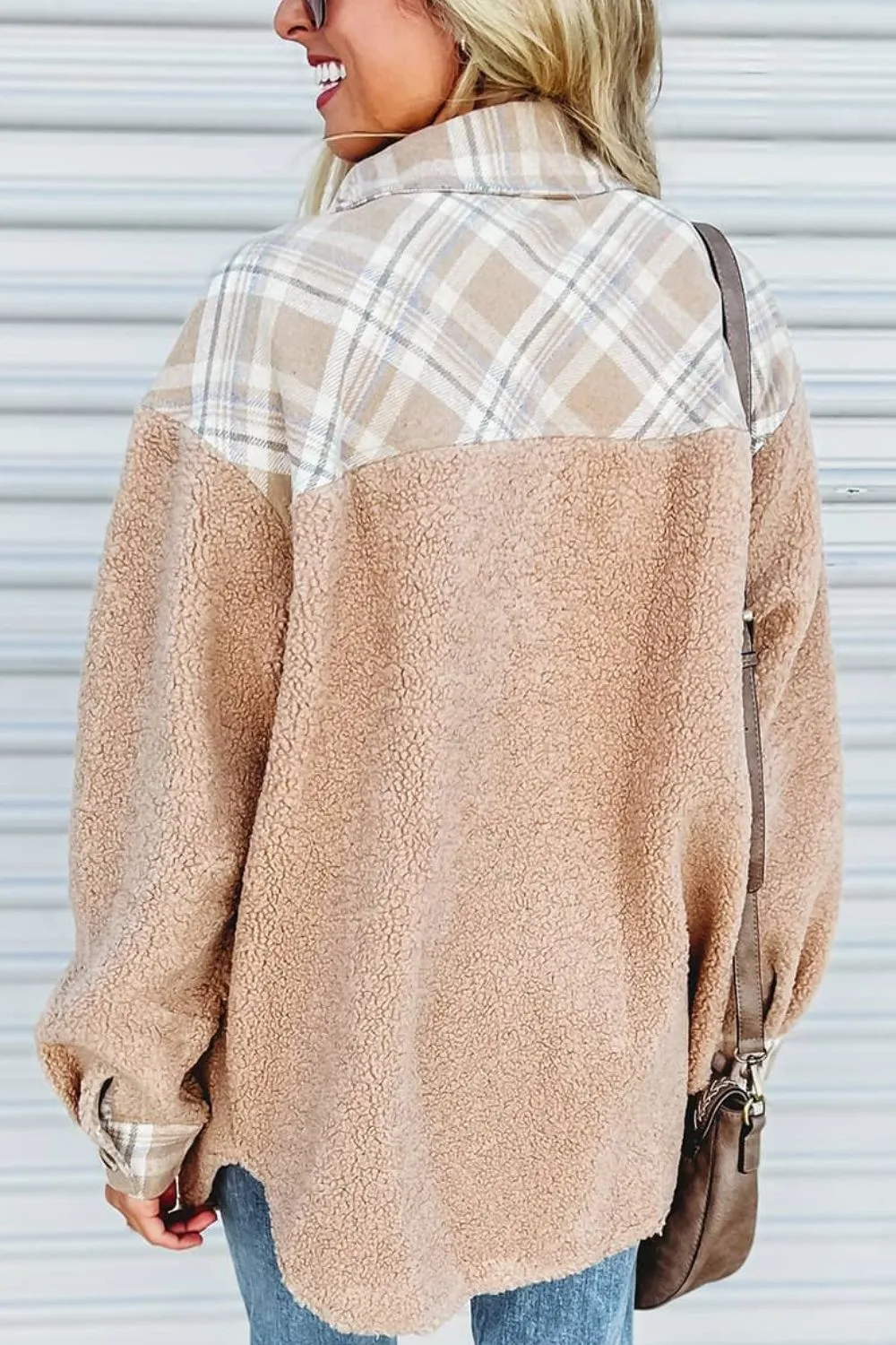 Pocketed Plaid Collared Neck Sherpa Jacket