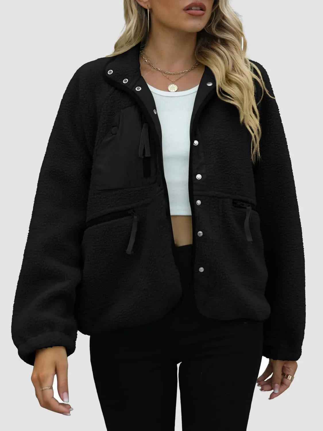 Pocketed Snap Down Sherpa Jacket