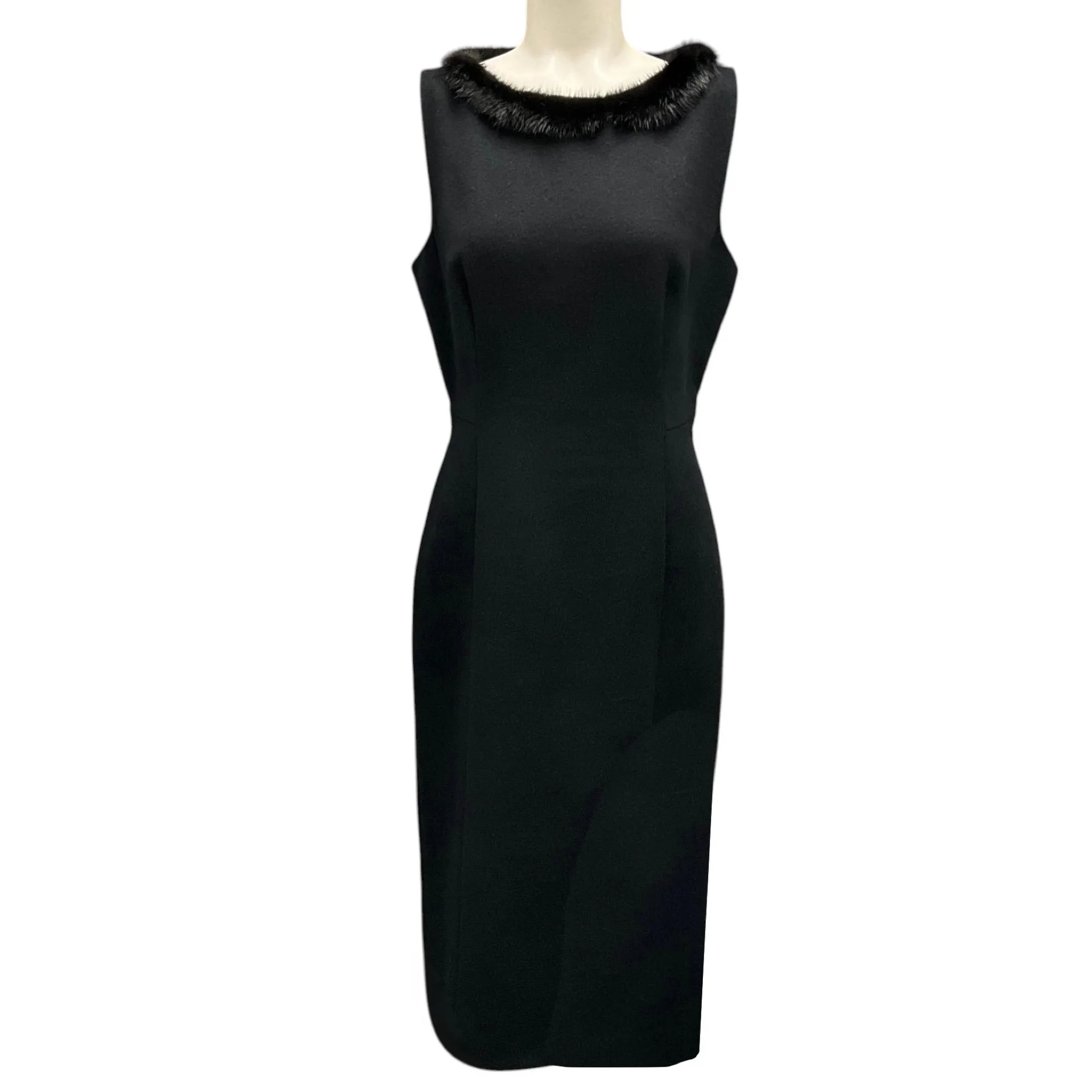 Prada Black Mink Fur Collar Sleeveless Wool Dress