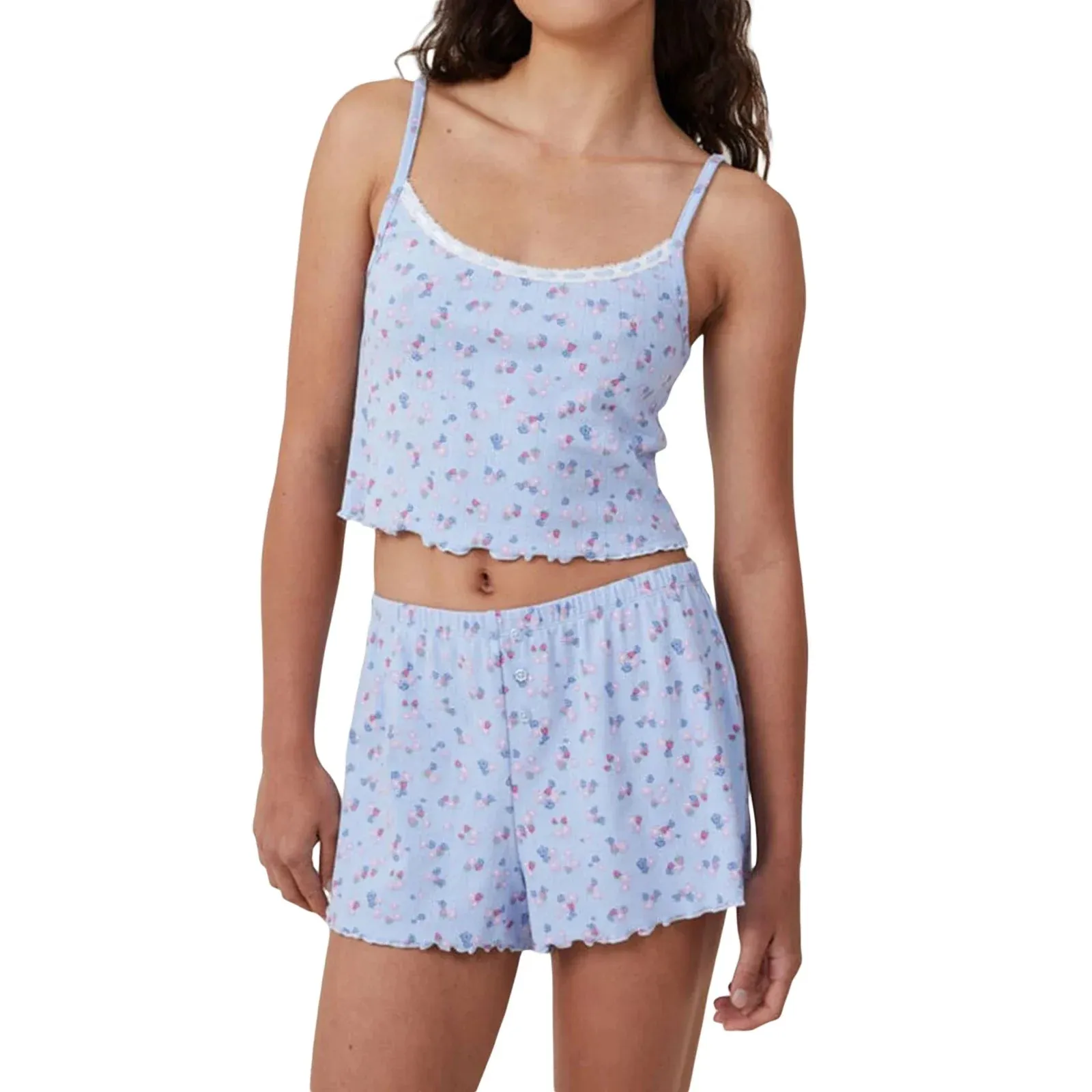 Print Camisoles Tank Tops Elastic Waist Shorts Loungewear Floral Pajamas