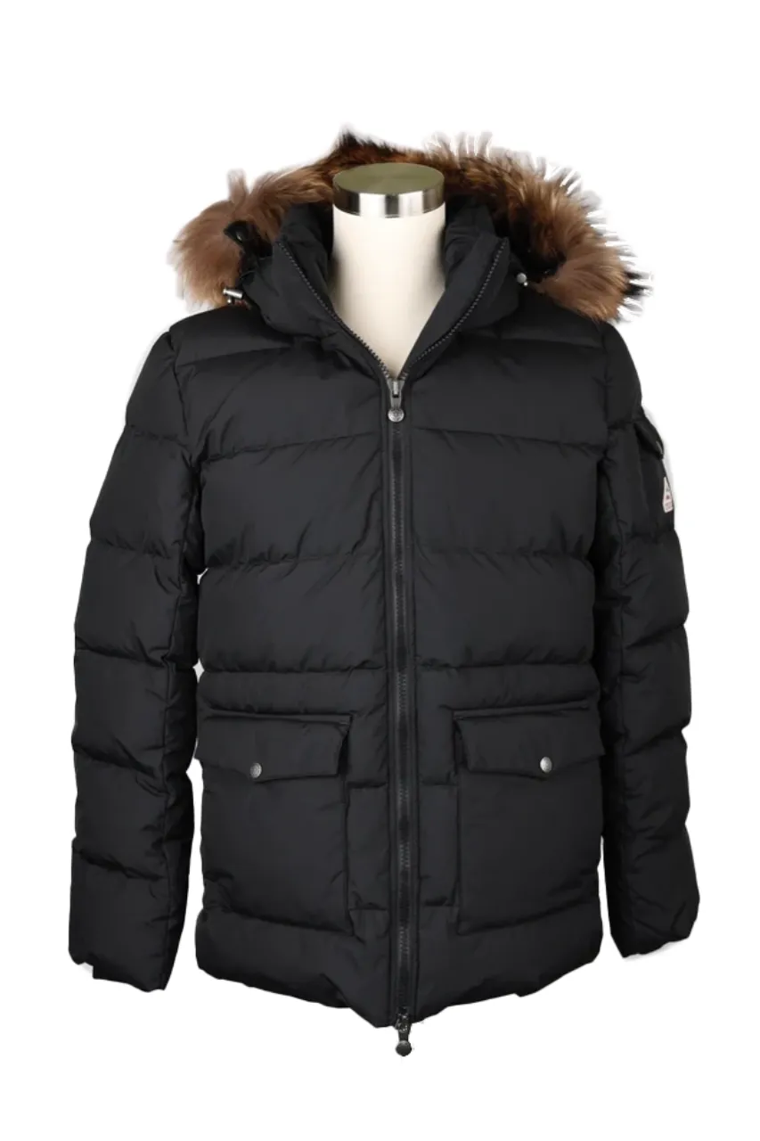 Quilted Puffer Jacket With Fur Hood-Black