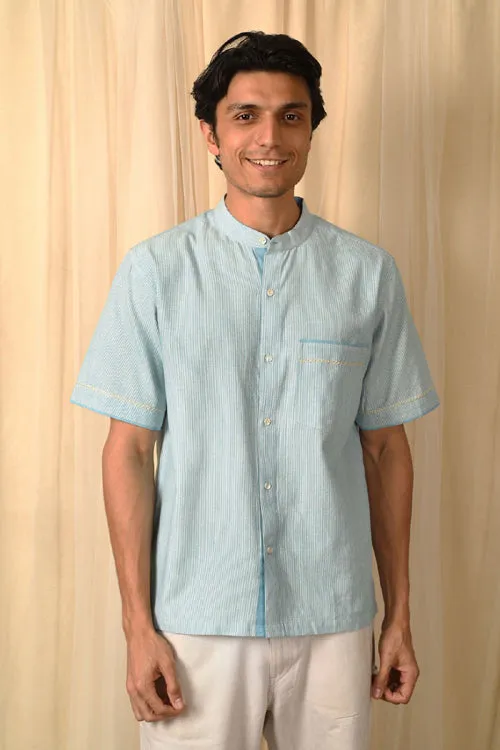 Rangsutra Baori Blue Hand Embroidered Half Sleeve Shirt