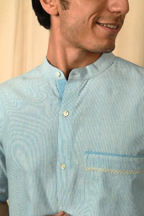 Rangsutra Baori Blue Hand Embroidered Half Sleeve Shirt