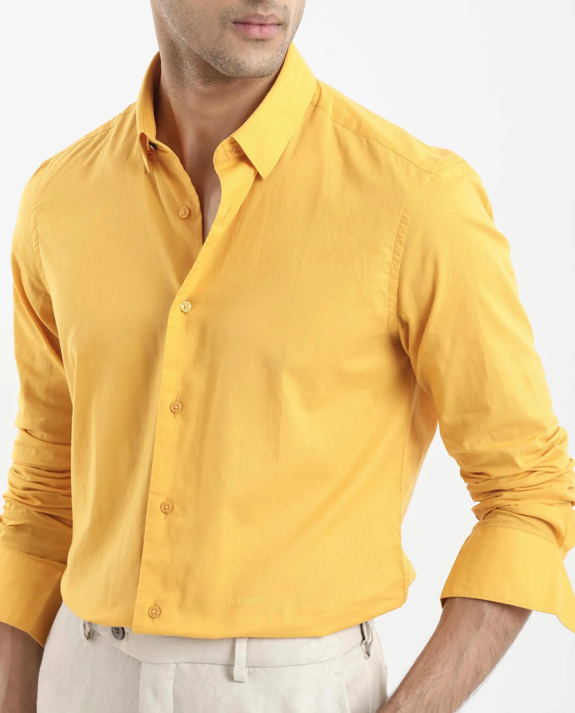 Rare Rabbit Men's Cambroc Mustard Cotton Fabric Full Sleeves Regular Fit Solid Shirt