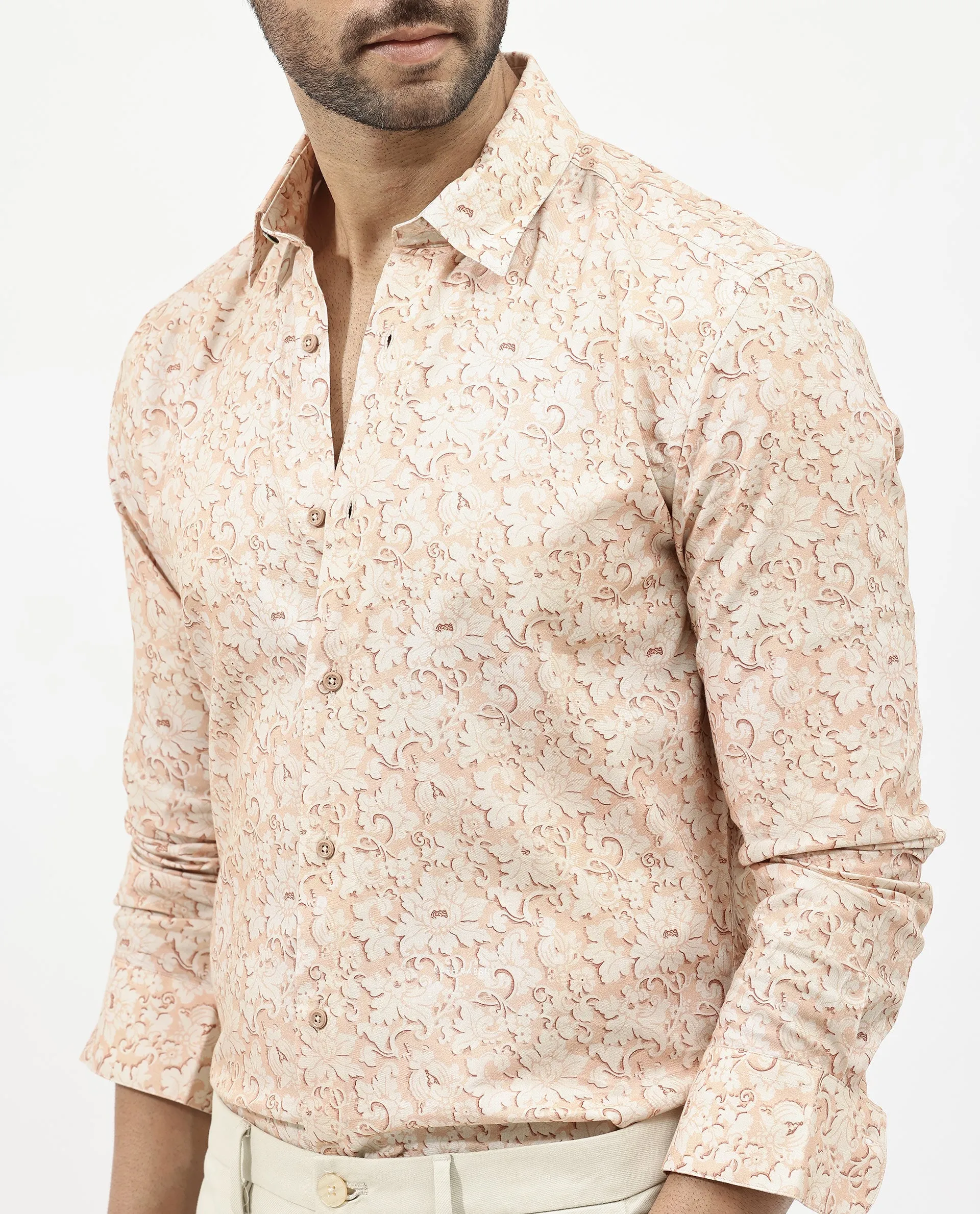 Rare Rabbit Mens Lume Dusky Orange Regular Fit Full Sleeve Floral Print Shirt