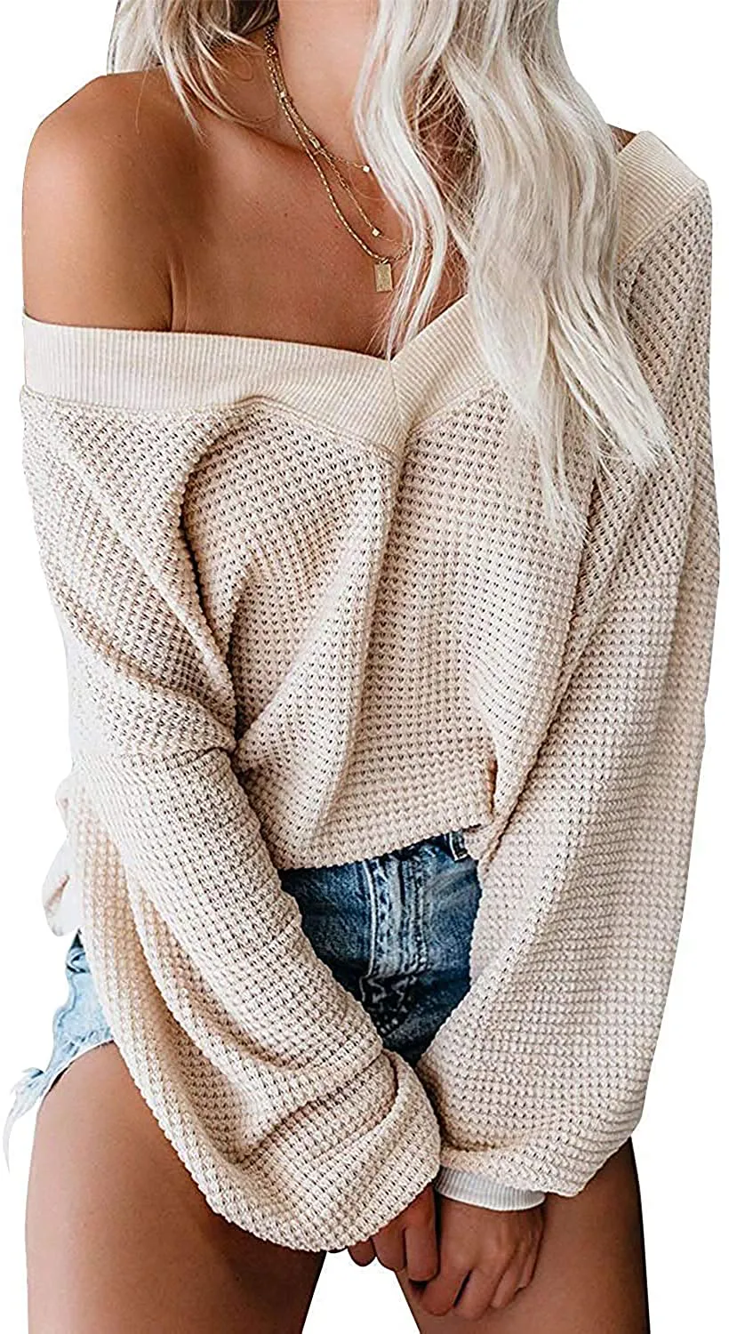 ReachMe Women's Oversized Off Shoulder Pullover Tops Long Sleeve Loose Fit Waffle Knit Tops