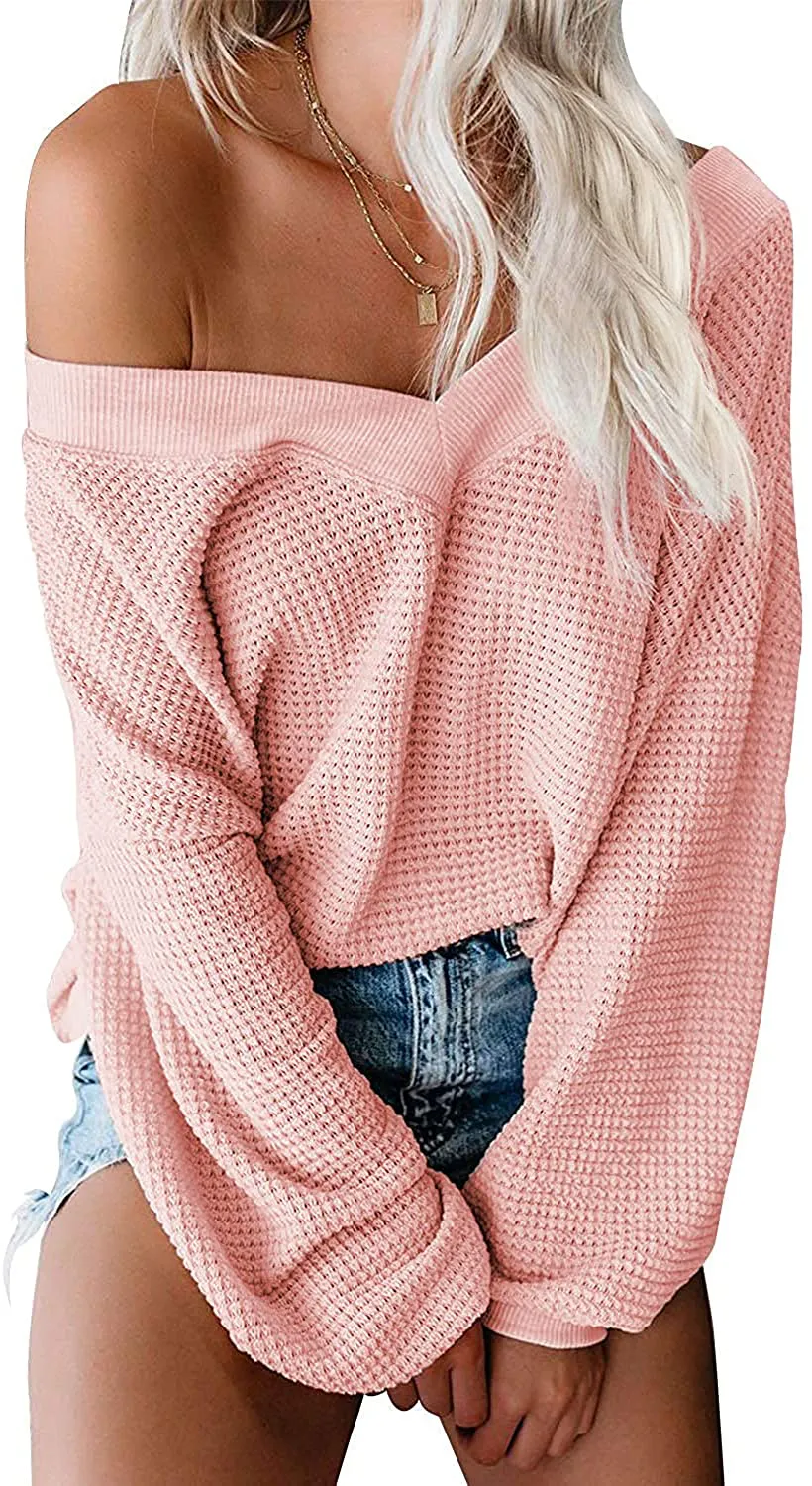 ReachMe Women's Oversized Off Shoulder Pullover Tops Long Sleeve Loose Fit Waffle Knit Tops