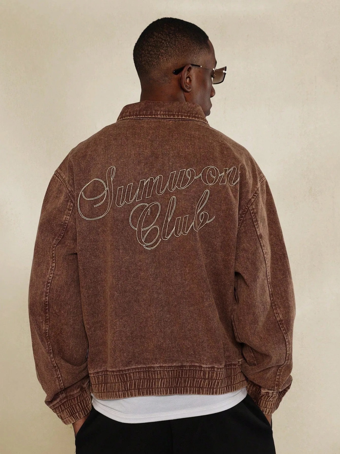 Regular Fit Washed Twill Bomber Denim Jacket With Back Embroidery