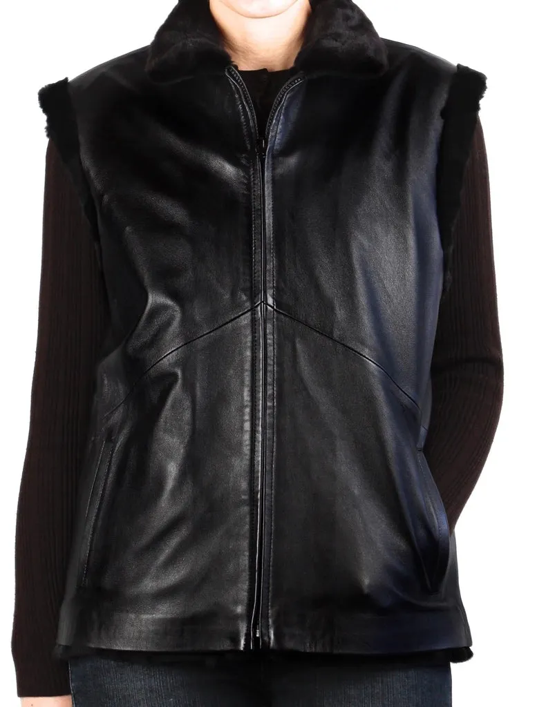 REVERSIBLE BLACK DIAMOND CUT SHEARED MINK FUR SECTIONS & LAMBSKIN LEATHER VEST