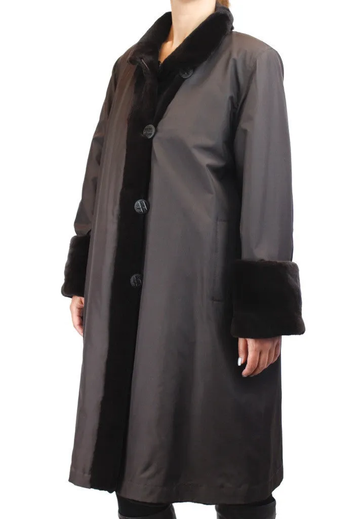 REVERSIBLE DARK BROWN SHEARED MINK FUR 7/8 COAT