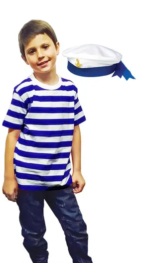 Sailor Boy Naval Officer Sea Sailor Uniform T-Shirt with Blue Ribbon Hat Marine Navy Fancy Dress