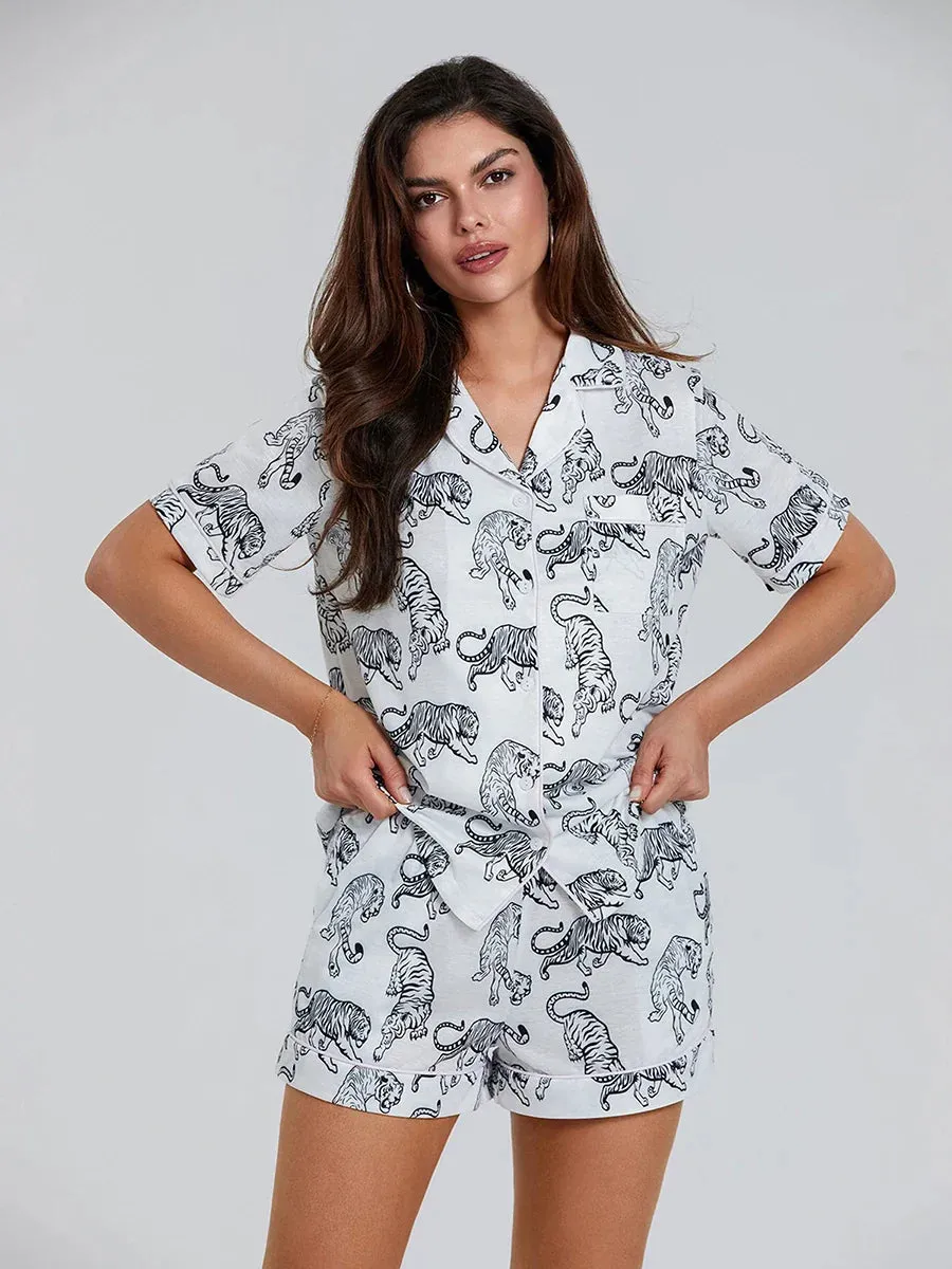 Short Sleeve Button Up Shirt Wide Leg Shorts Lounge Tiger Pajamas