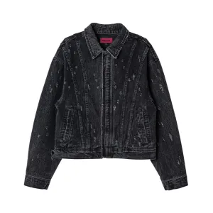 Slug damage denim zip-up jacket black