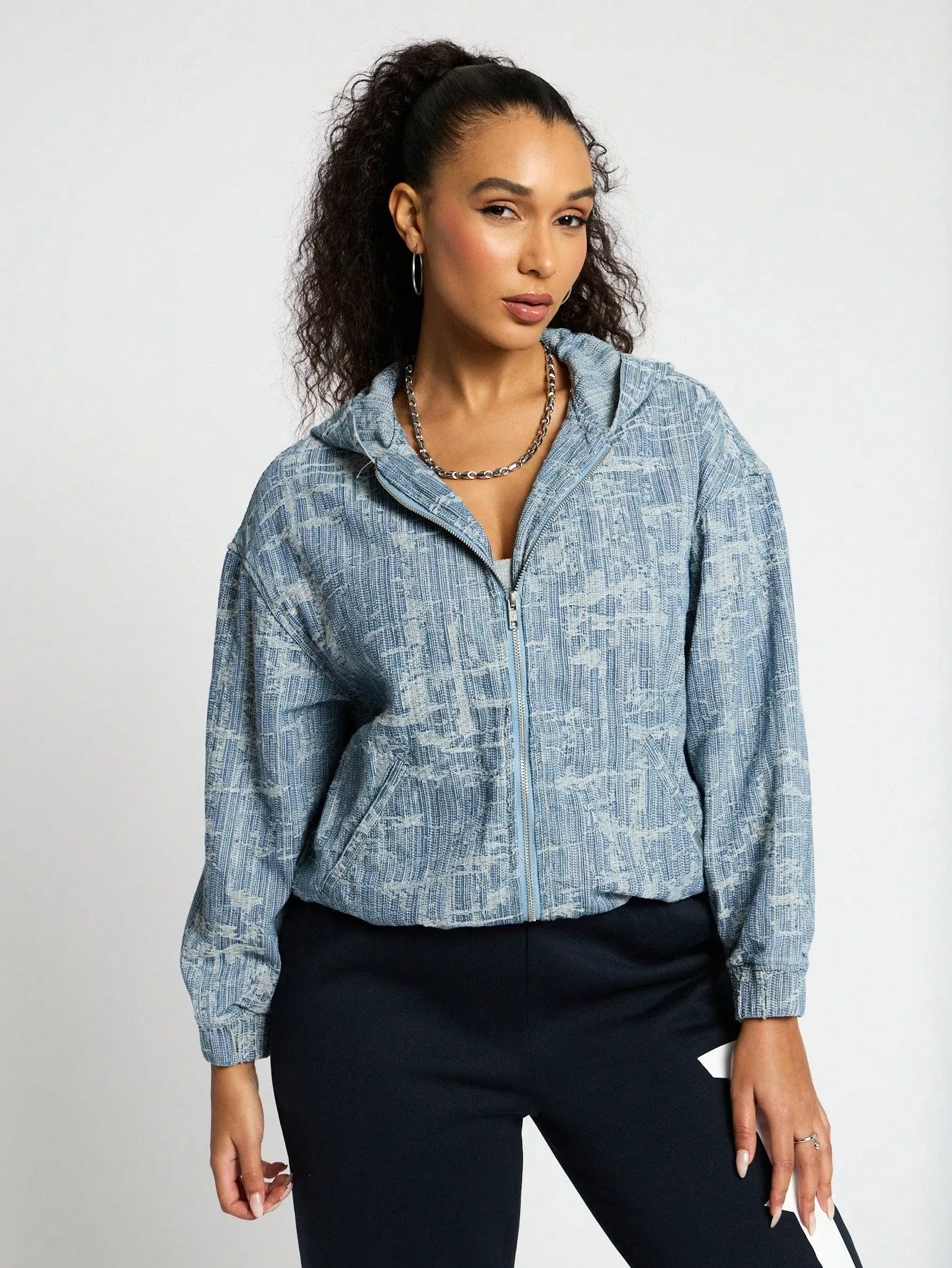 SUMWON WOMEN Hooded Denim Bomber Jacket