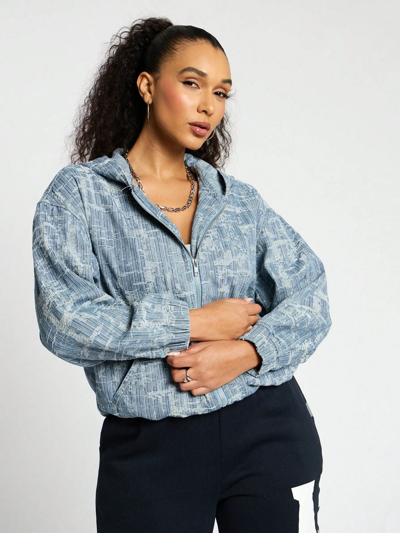 SUMWON WOMEN Hooded Denim Bomber Jacket