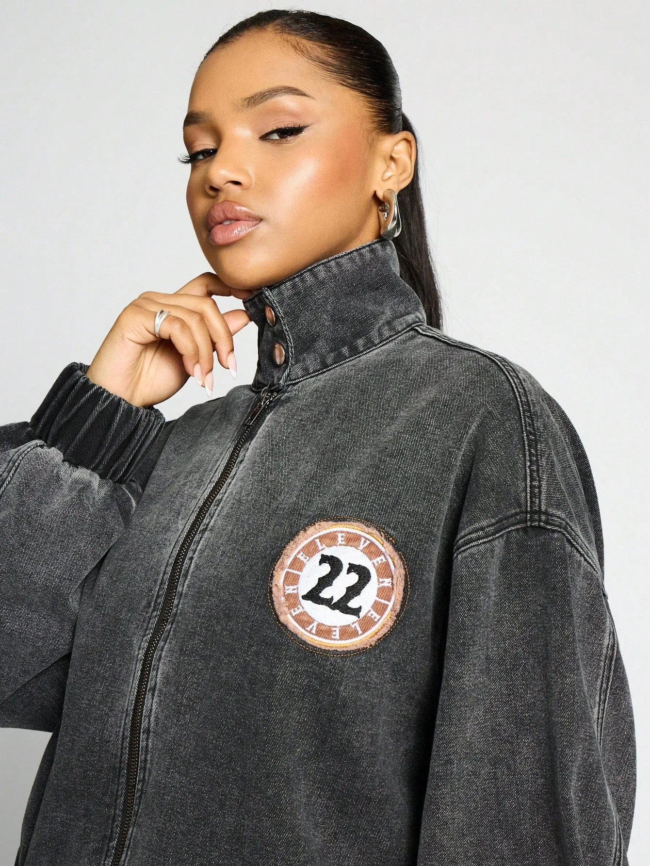 SUMWON WOMEN Washed Oversized Bomber Jacket With Back Applique Detail