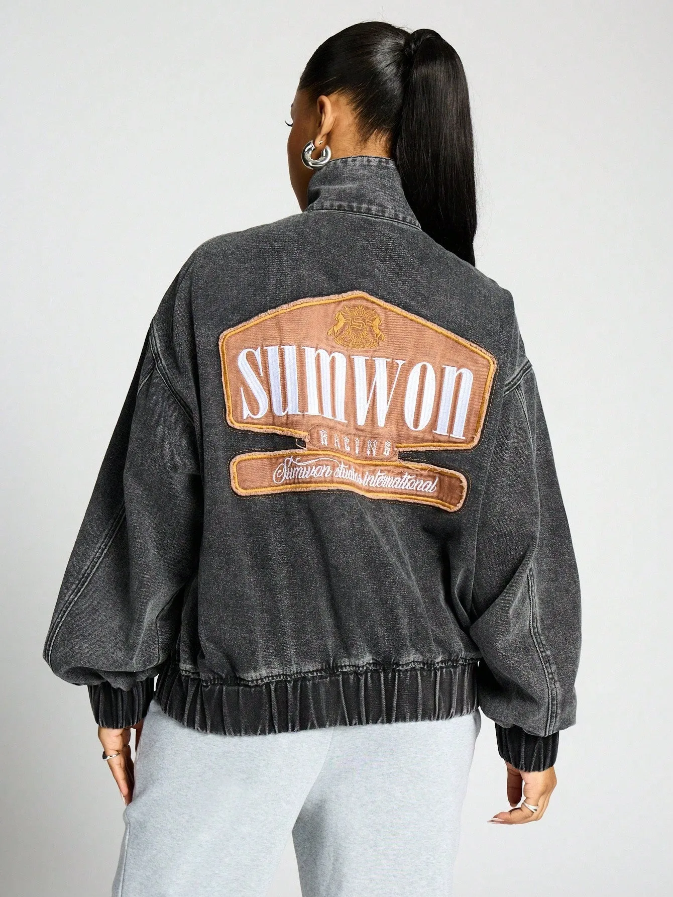 SUMWON WOMEN Washed Oversized Bomber Jacket With Back Applique Detail