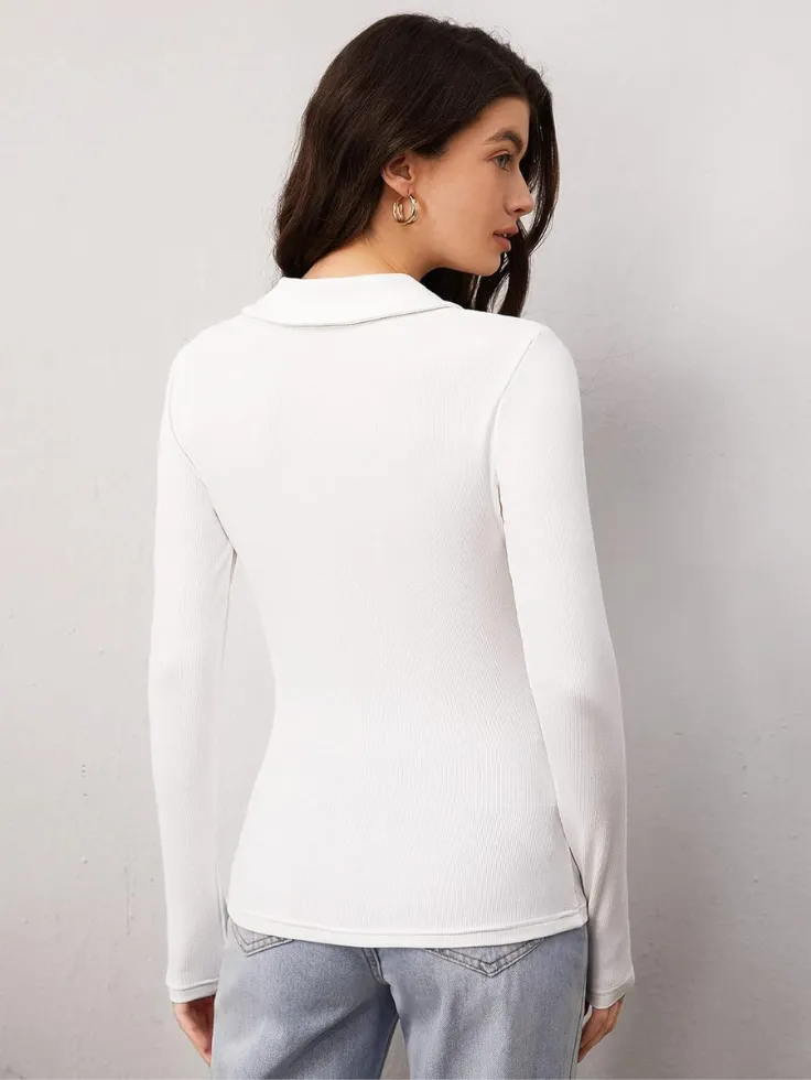 SWG White Ribbed Knit Polo - Full Sleeves