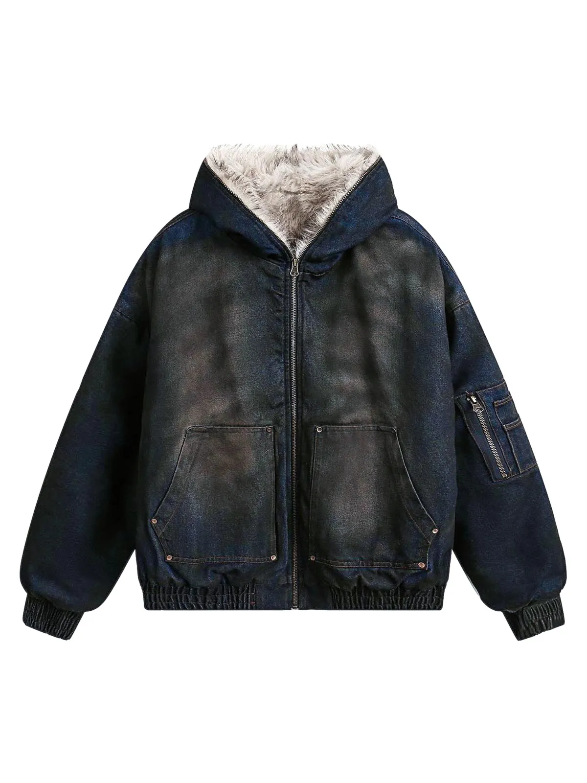 Thesupermade Washed Denim Fur Hooded Jacket