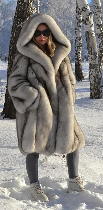 Thick Real Fox Fur Hooded Long Coat