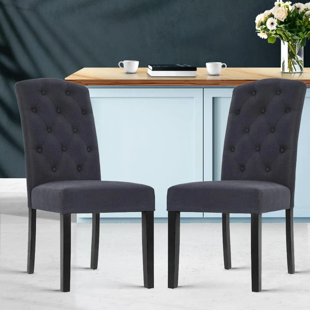 Two Dining Chairs French Provincial Kitchen Cafe Fabric Padded High Back Pine Wood Grey