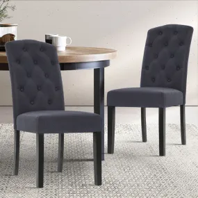 Two Dining Chairs French Provincial Kitchen Cafe Fabric Padded High Back Pine Wood Grey