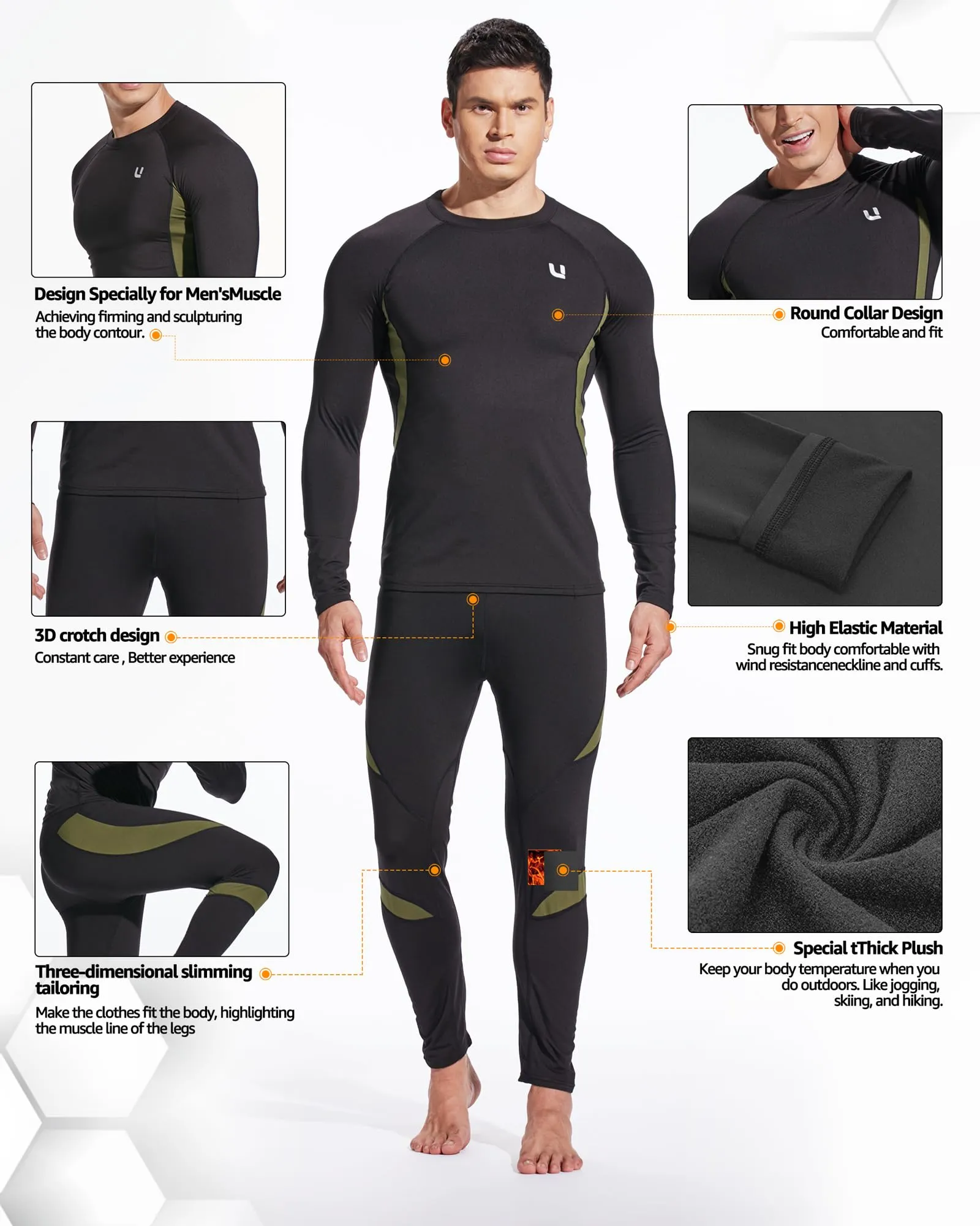 UNIQUEBELLA Men's Thermal Underwear Sets Top & Long Johns Fleece Sweat Quick Drying Thermo Base Layer Black