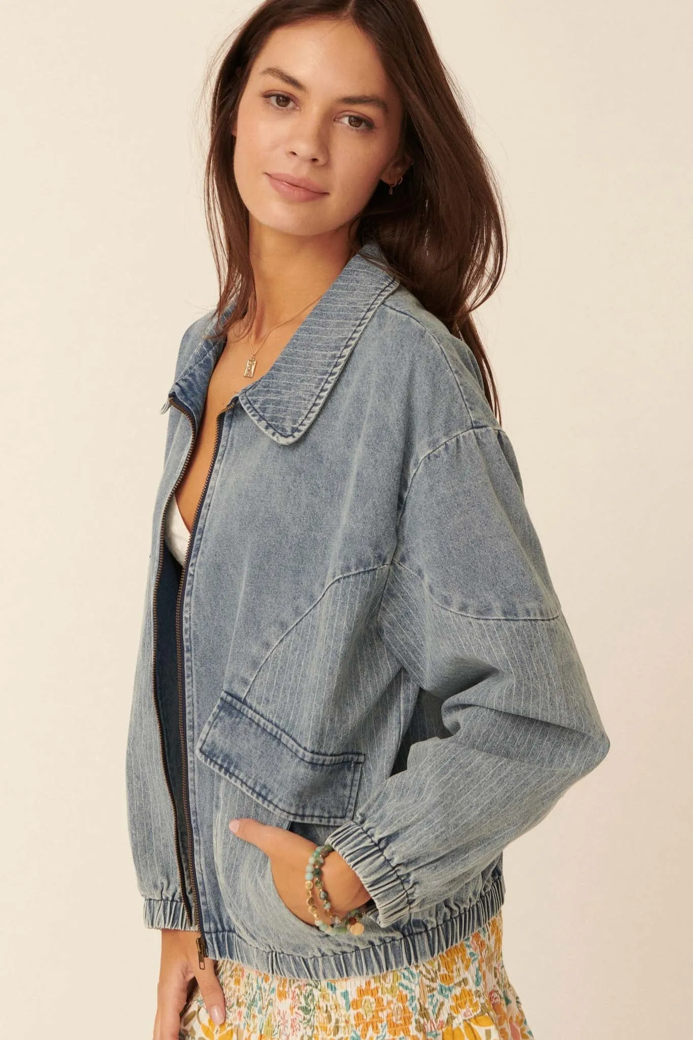 Up Your Game Denim Bomber Jacket