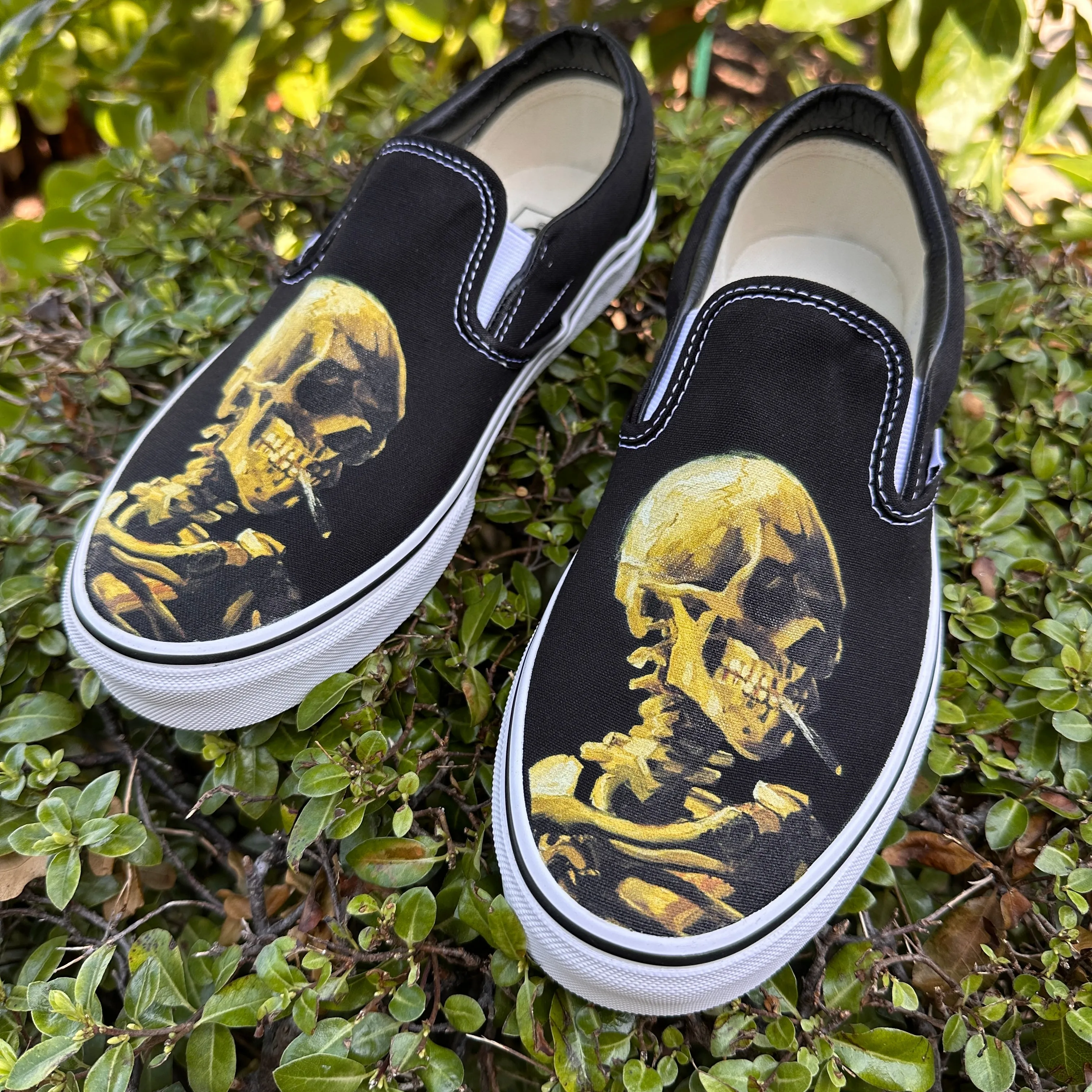 Vincent Van Gogh Smoking Skeleton Custom Slip On Vans