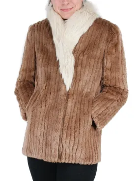 Vintage Tan Sheared Beaver Fur Jacket w/ Fox Fur Collar & Corduroy Cut -S / Petite