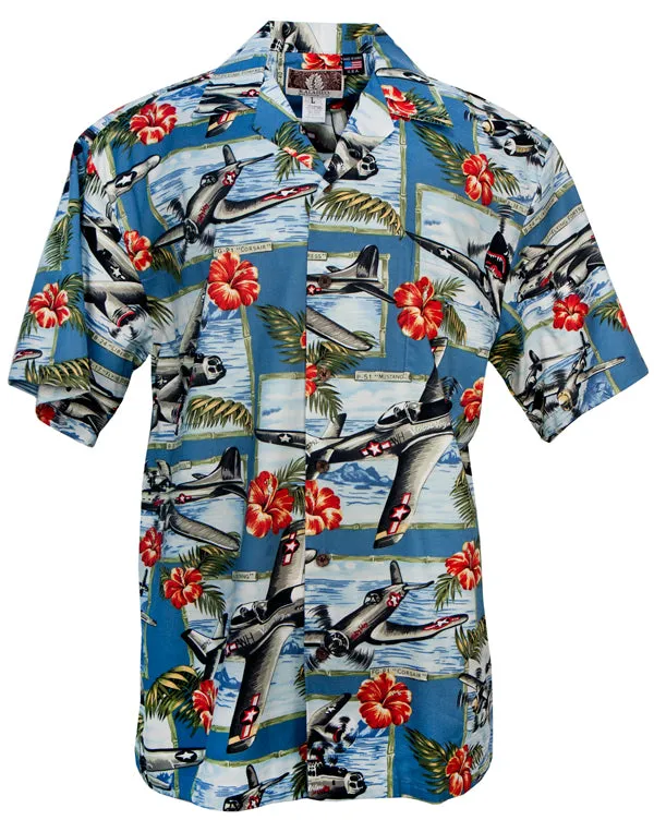 War Planes Hibiscus Mens Military Shirt in Blue