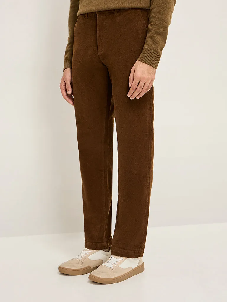 WES Casuals Brown Relaxed-Fit Mid-Rise Cotton Blend Chinos